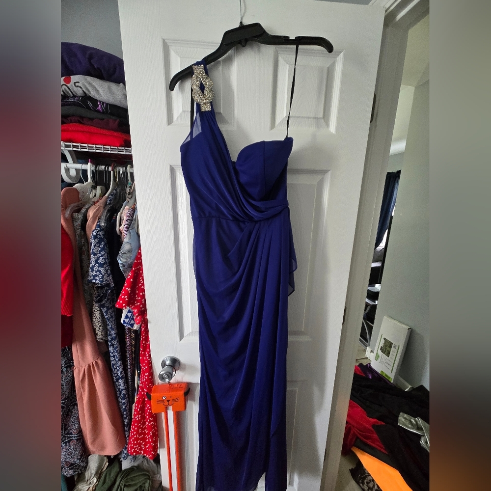 Xscape Blue Asymmetrical Draped One Shoulder Gown